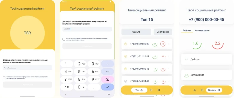 Экраны приложения «Твой Социальный Рейтинг»: вход, список рейтингов и профиль